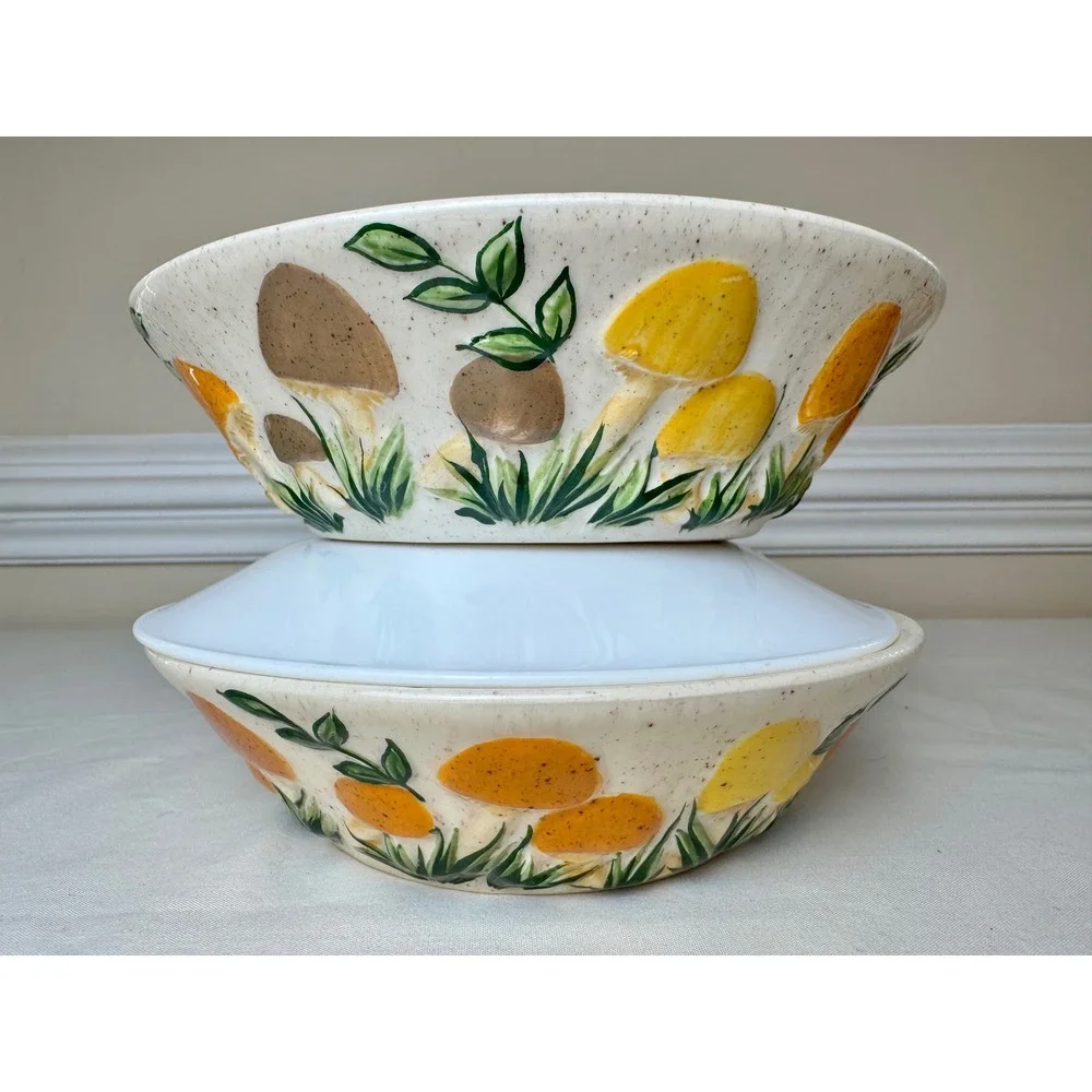 Arnels 1970s Vintage Mushroom Ceramic Bowls Set 2‎ MCM Hand Painted Speckled
